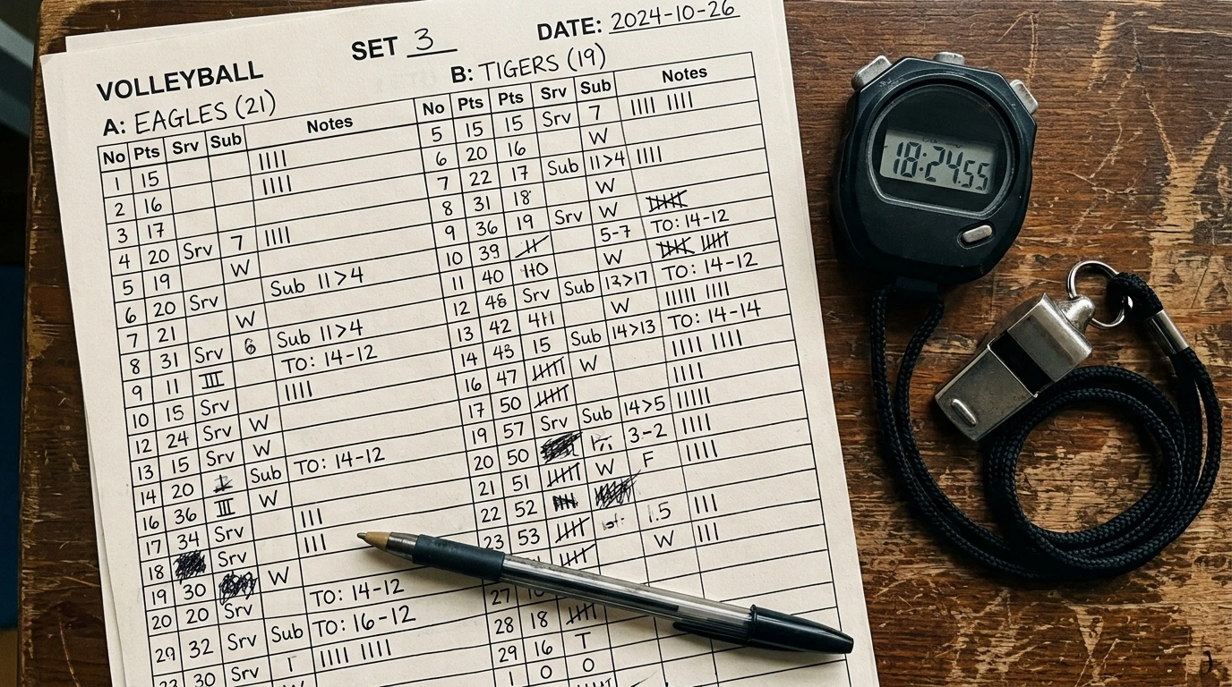 Feuille de match annotée à la main sur une table de marque