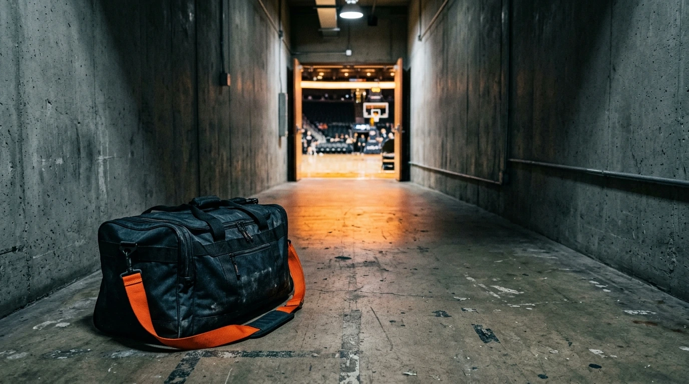 Sac de voyage d’équipe posé au sol dans un couloir de salle