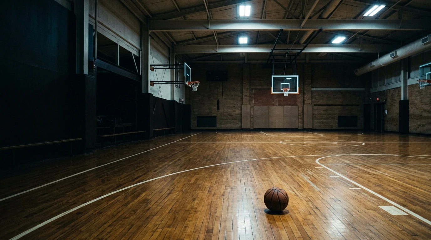 Parquet de gymnase sous les néons en fin d’entraînement