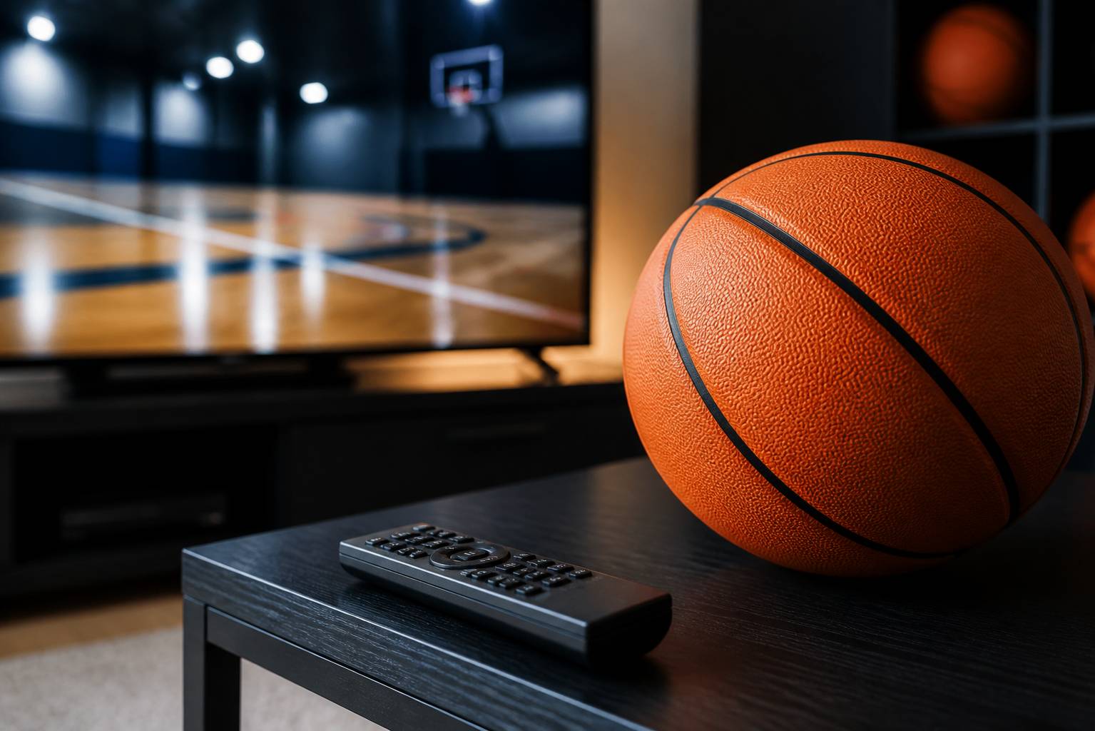 Télécommande et ballon de basket orange devant un écran diffusant un terrain flou