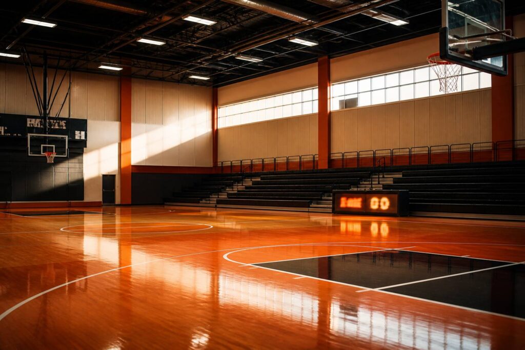 Table de marque de basket avec chronomètre dans un gymnase