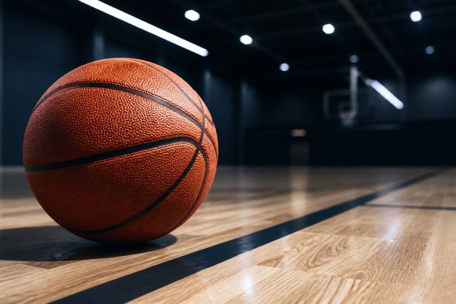 Ballon de basket orange sur le parquet d'une salle moderne sous les projecteurs