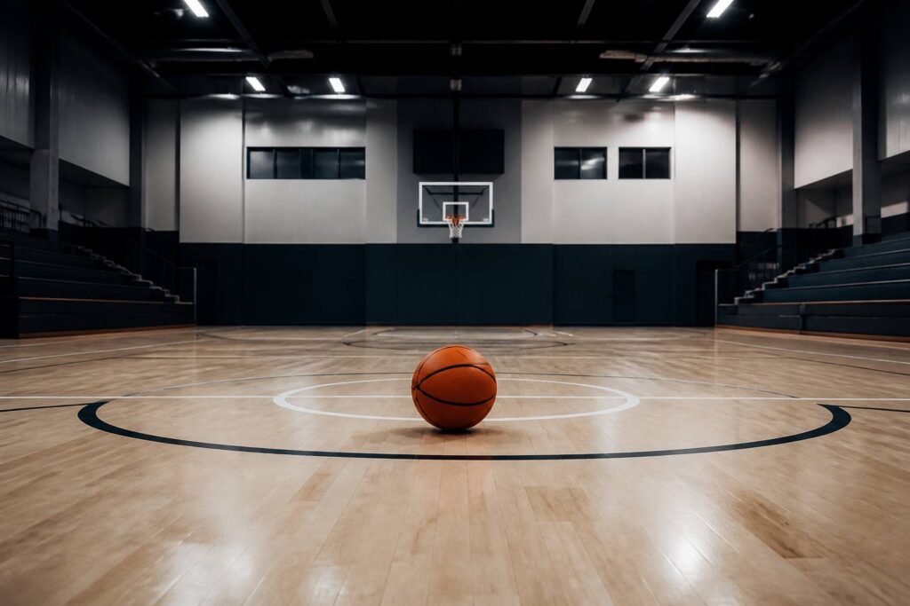 Ballon de basket orange sur le parquet clair d'un gymnase français sous les néons