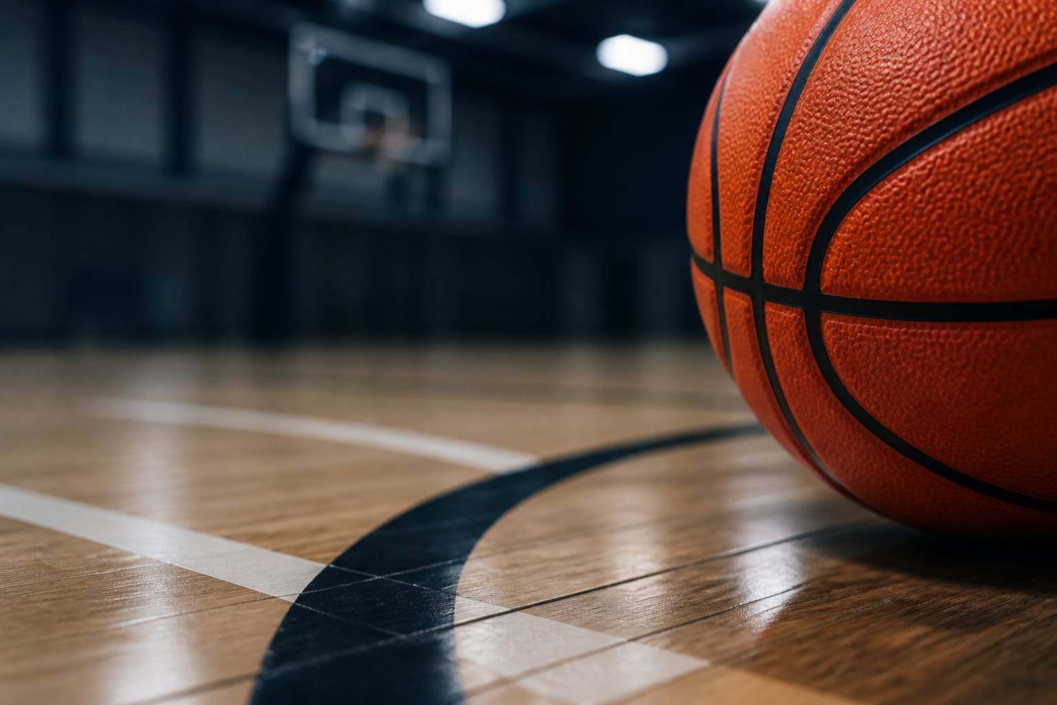 Lignes peintes du parquet de basket avec un ballon orange en gros plan