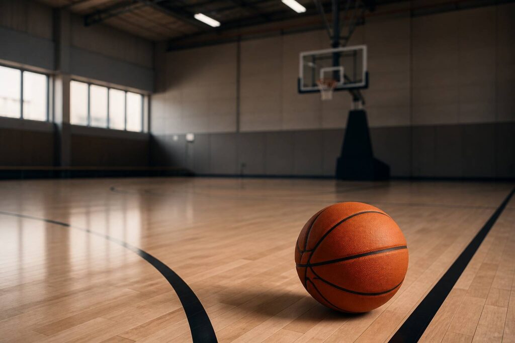 Ballon de basket orange posé sur le parquet d'un gymnase