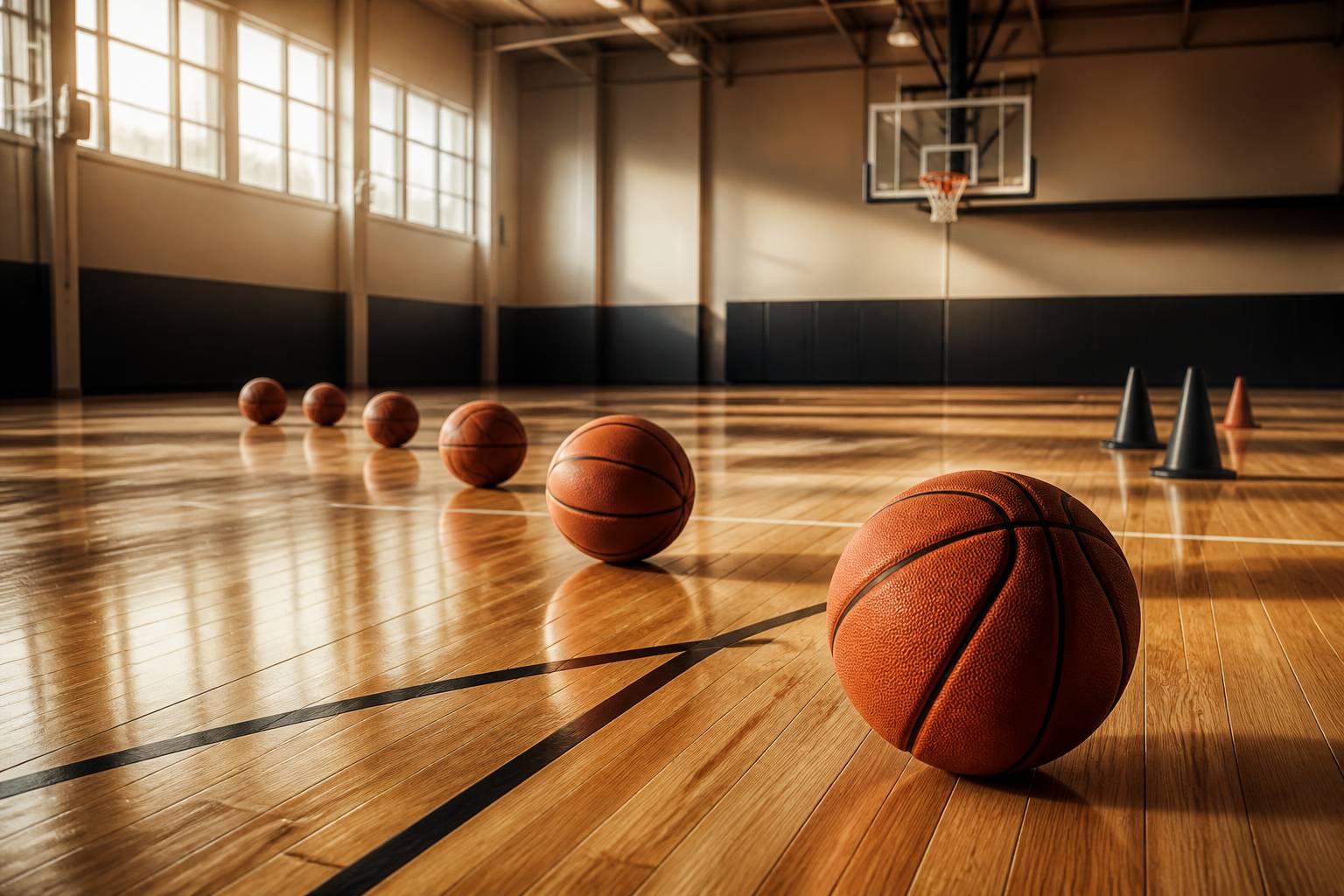 Ballons de basket de tailles variées alignés sur le parquet