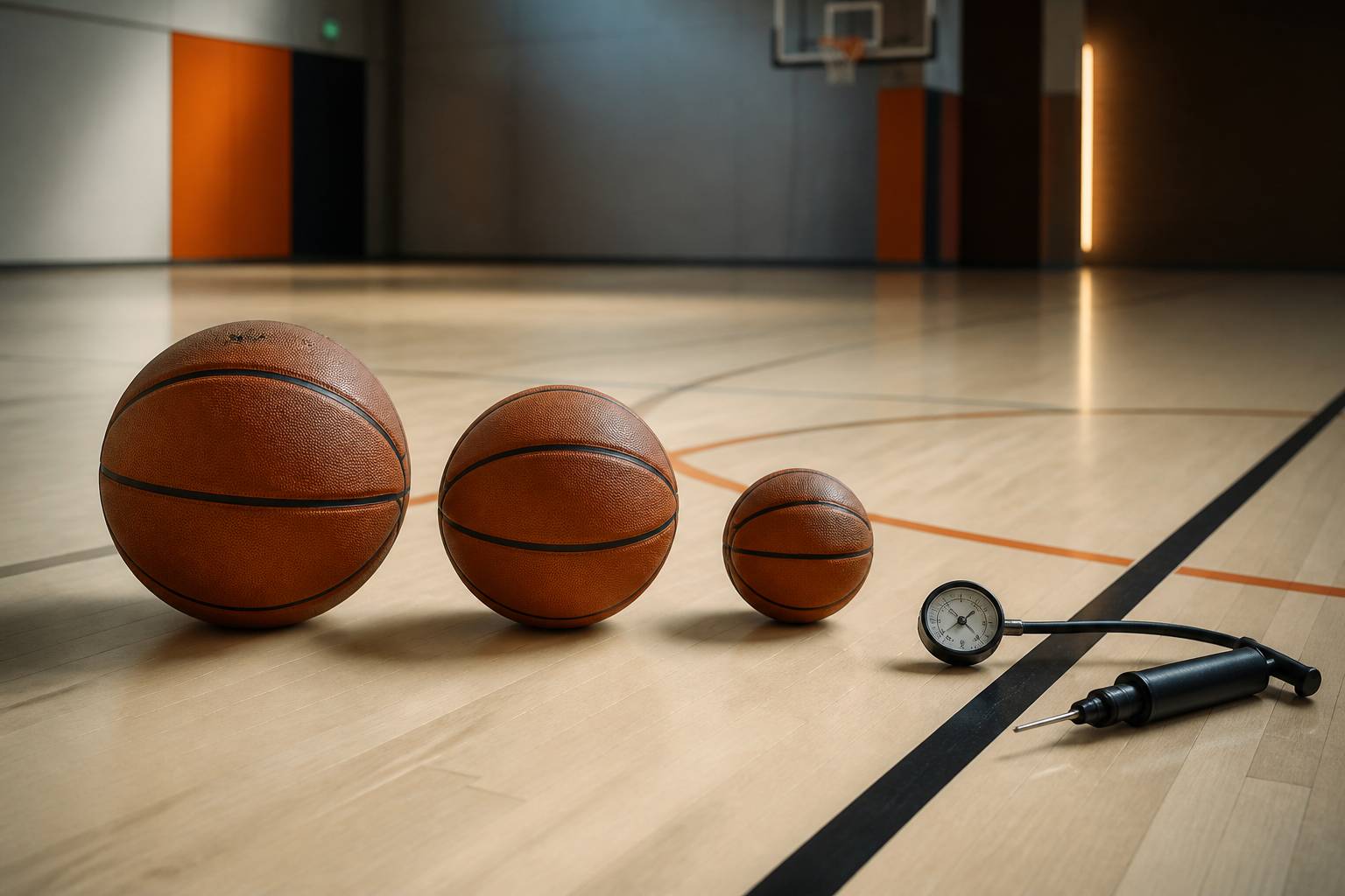 Trois ballons de basket de tailles différentes alignés avec une pompe