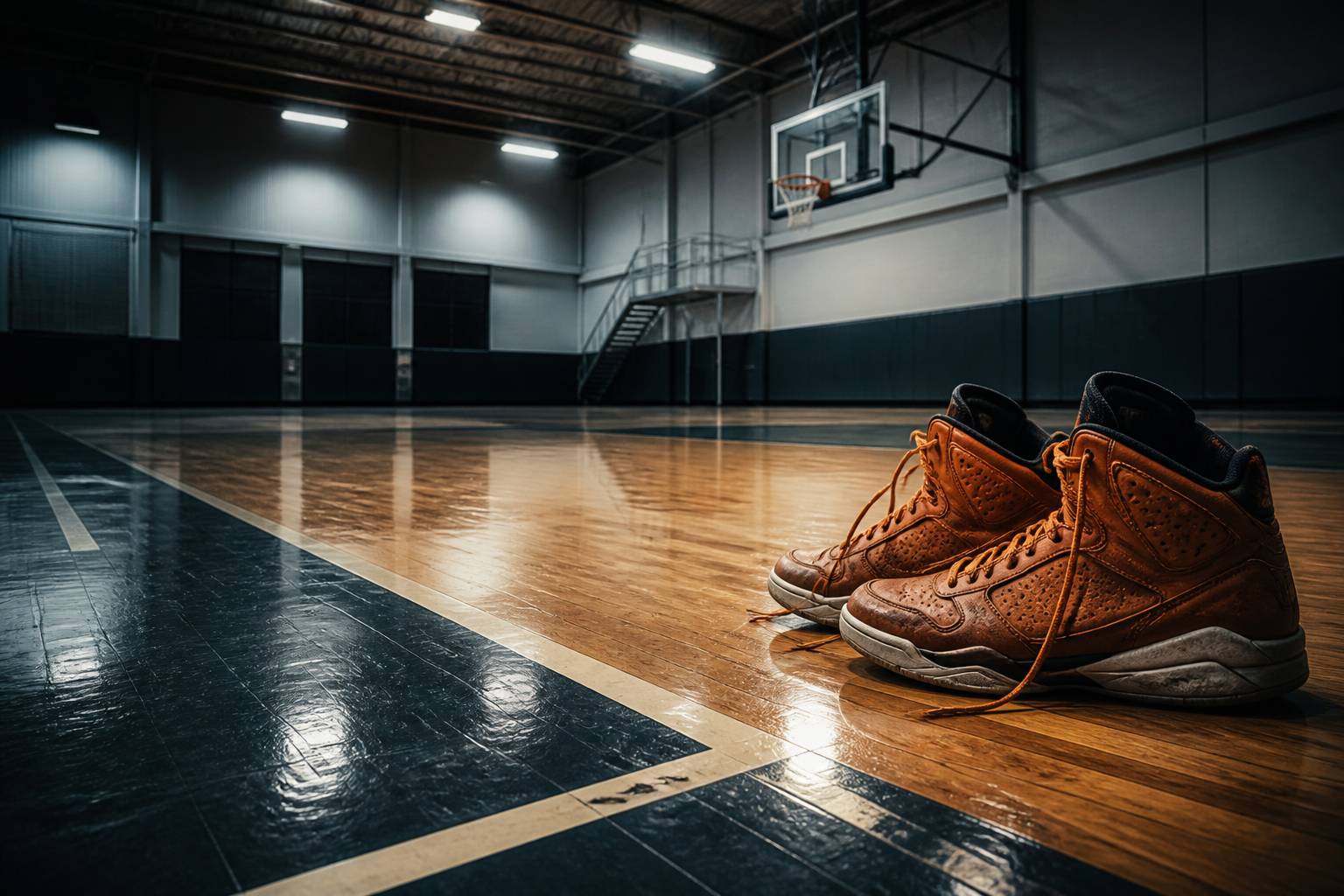 Baskets de basket usagées au bord du parquet d'un gymnase sous les néons