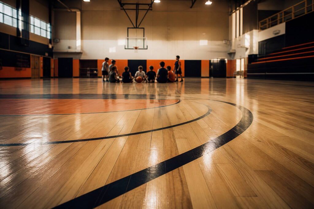 Jeunes basketteurs en cercle avec un ballon orange dans un gymnase