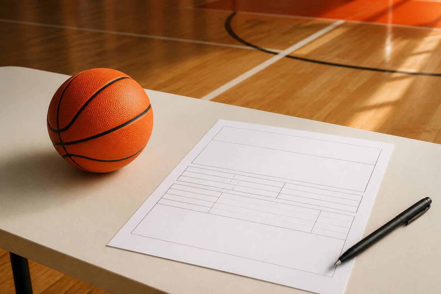 Formulaire d'inscription avec stylo et ballon de basket sur une table