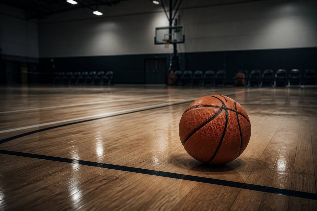 Ballon de basket orange au premier plan d'une salle avec une scène et des chaises alignées