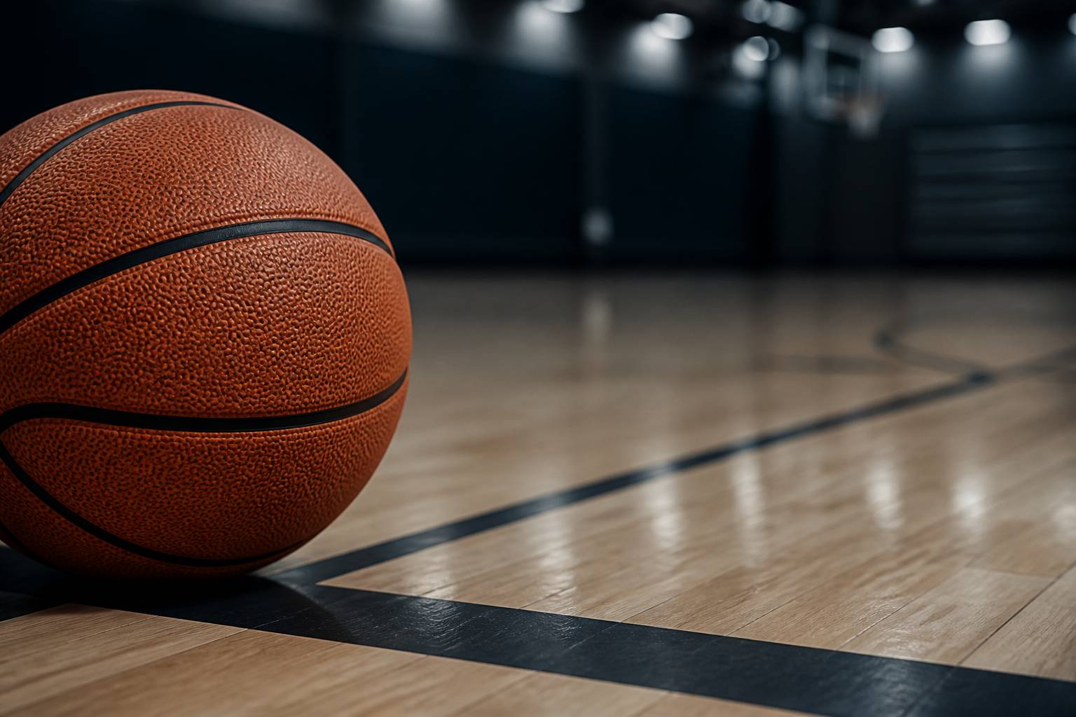 Ballon de basket orange sur le parquet devant une ligne peinte au sol d'un gymnase