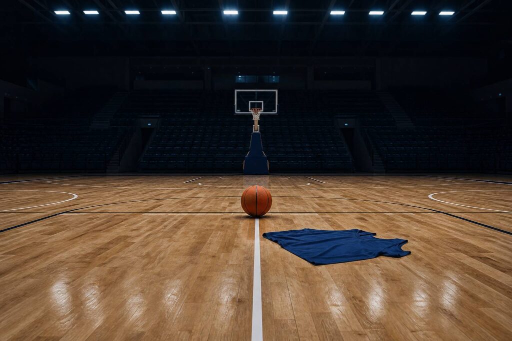 Ballon de basket orange sur le parquet d'un gymnase avec un maillot bleu sans inscription