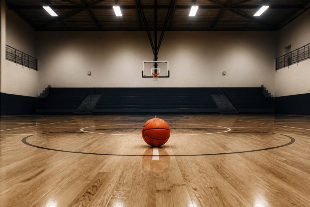 Gymnase de basket vide sous les néons avec ballon sur le parquet