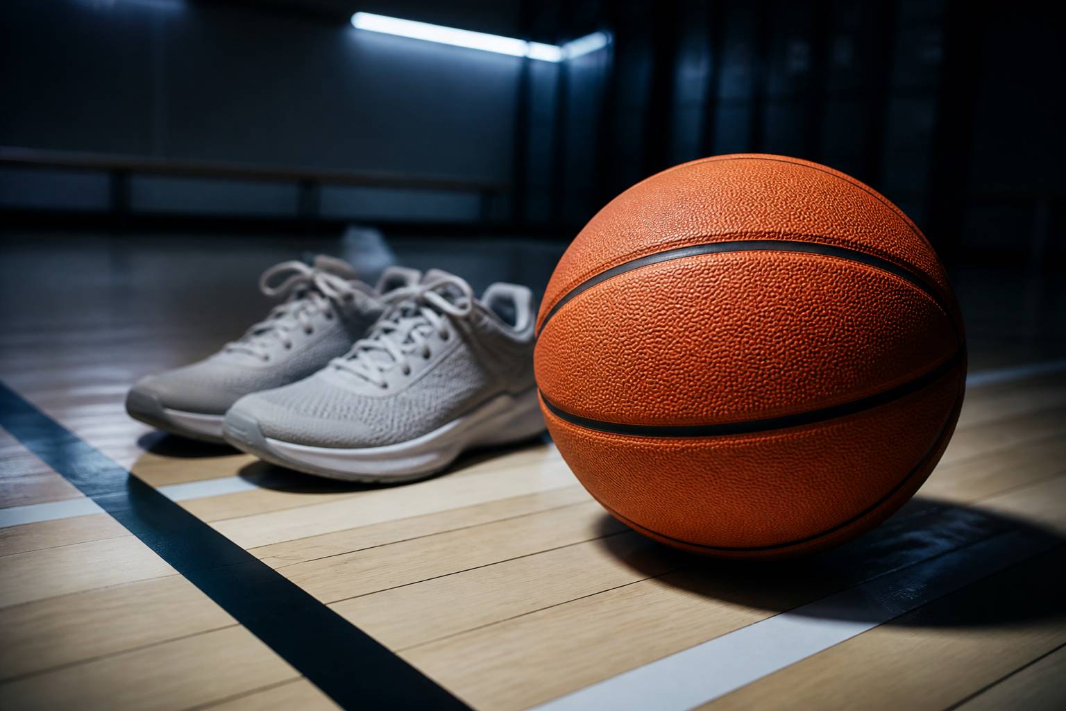 Ballon de basket et baskets de sport posés sur le parquet d'un gymnase