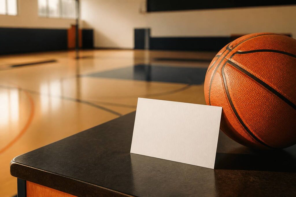 Carte de licence posée près d'un ballon orange sur un comptoir de club