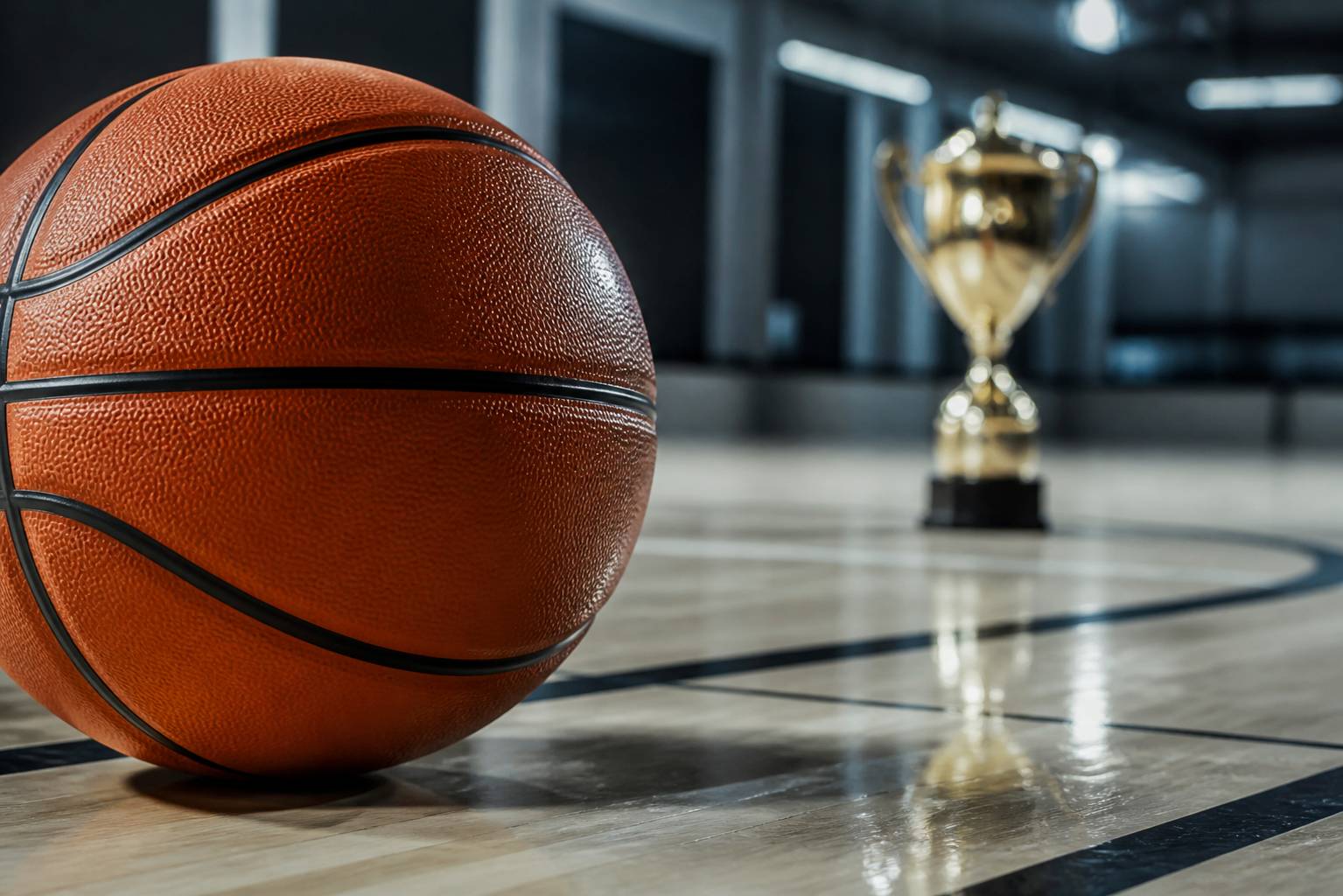 Ballon de basket orange sur le parquet avec un trophée doré flou en arrière-plan