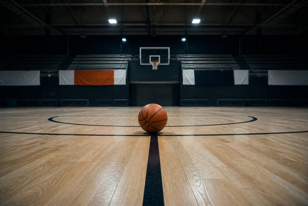 Ballon de basket orange sur le parquet clair d'une salle de basket sous les projecteurs