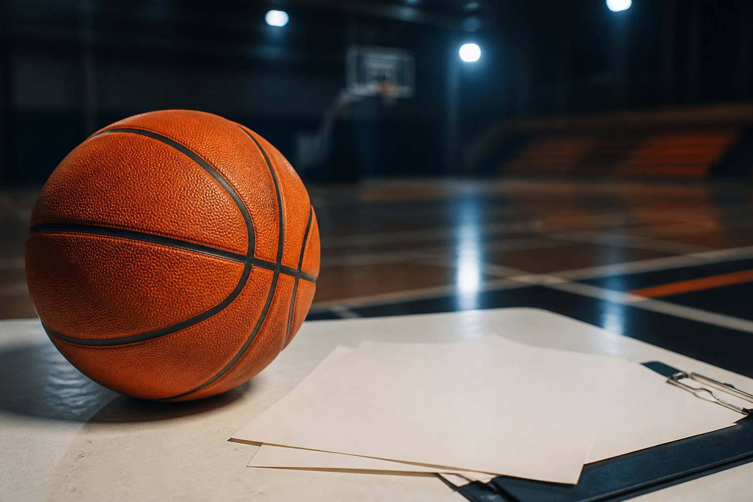Ballon de basket orange sur une table avec des fiches en papier sous les projecteurs