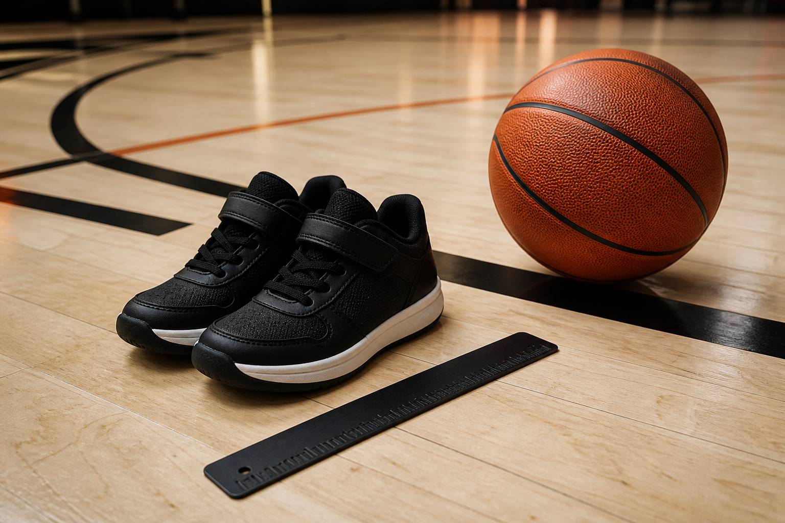 Chaussures de basket enfant mesurées avec une règle sur le parquet