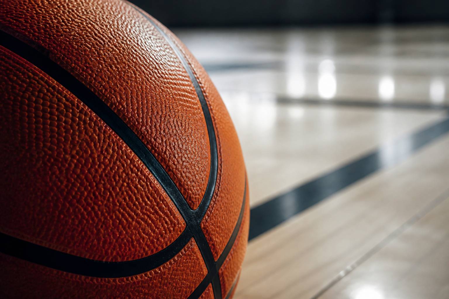 Ballon de basket orange en cuir en gros plan sur fond de parquet clair