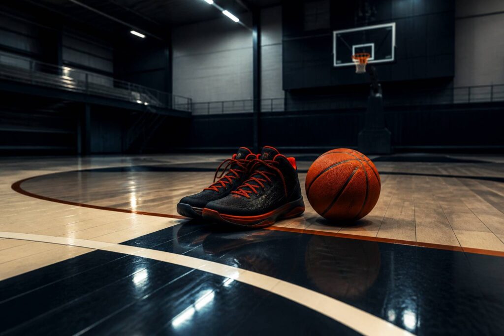 Baskets noires et rouges avec un ballon de basket orange sur le parquet d'un gymnase