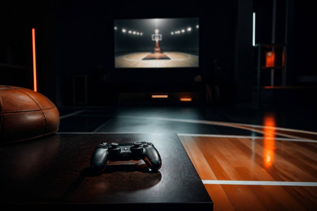 Manette de console et ballon de basket devant un écran diffusant un terrain virtuel sans texte
