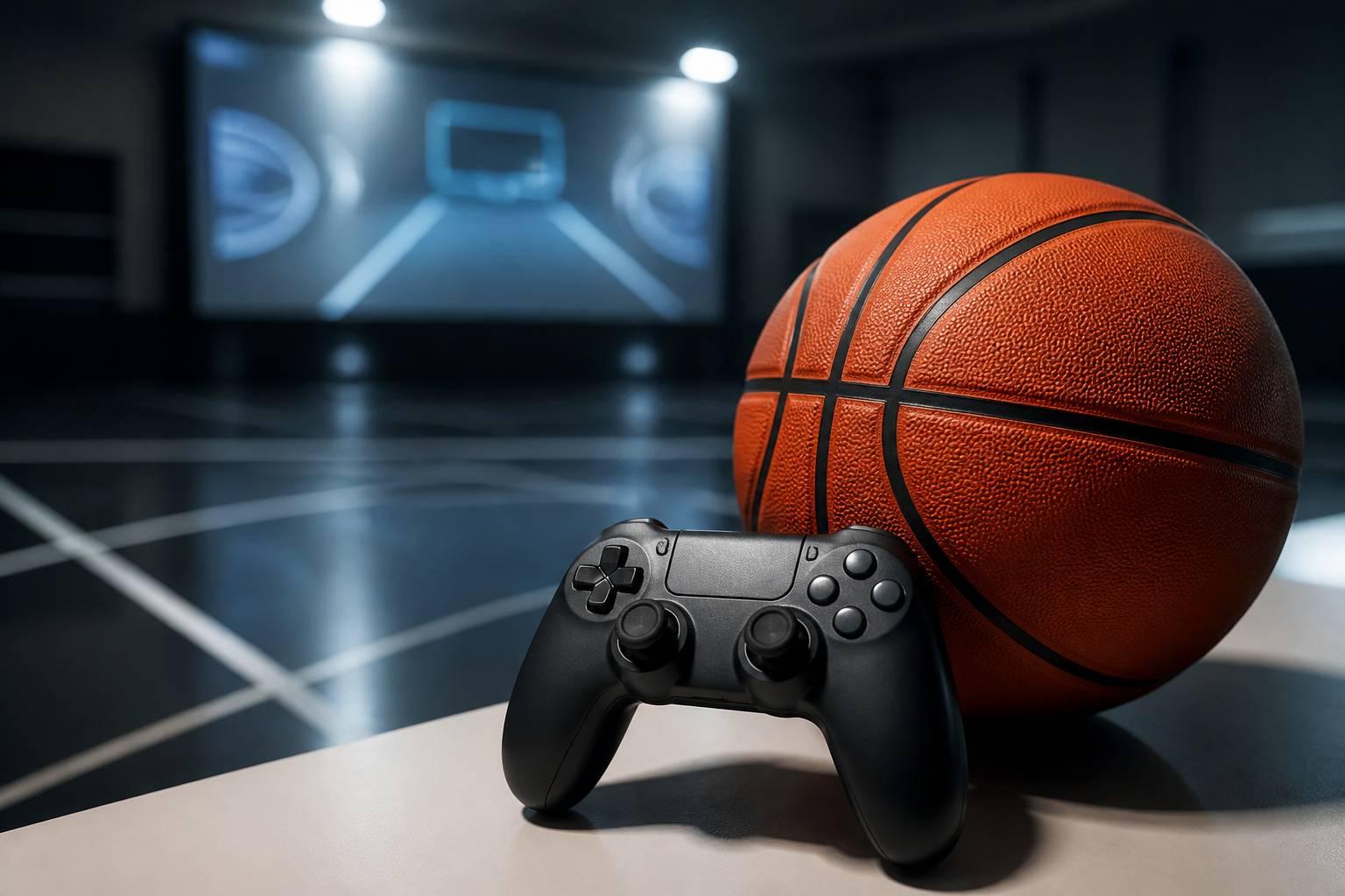 Manette de jeu et ballon de basket orange sur une table devant un écran flou