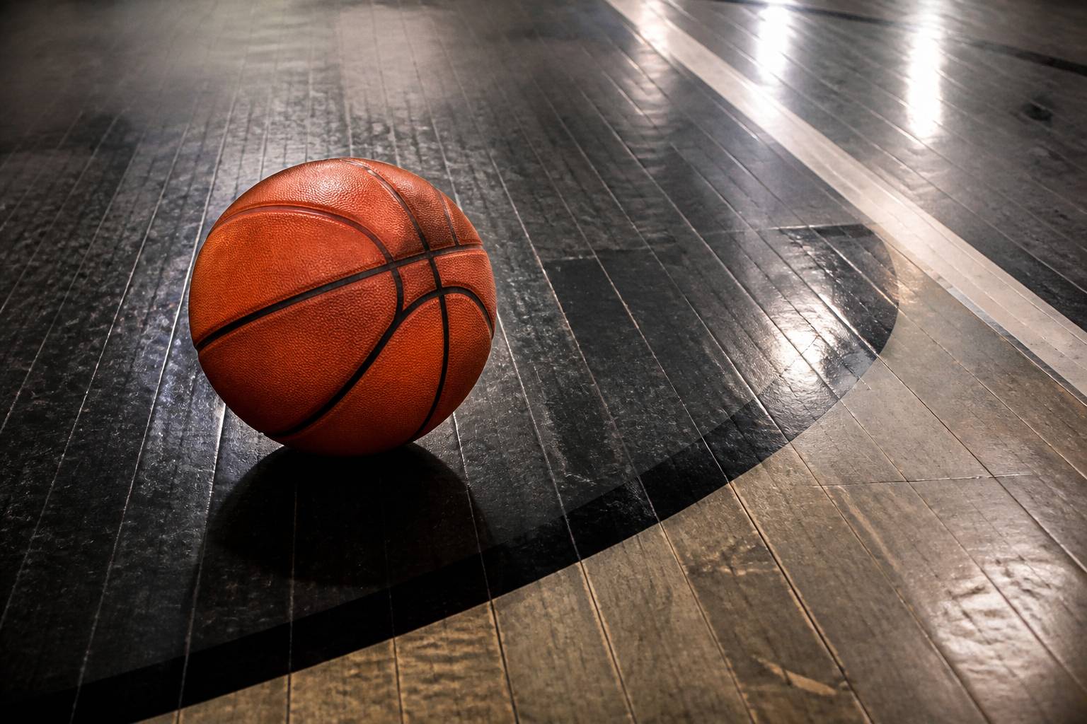 Gros plan du parquet de gymnase avec lignes peintes et ballon de basket