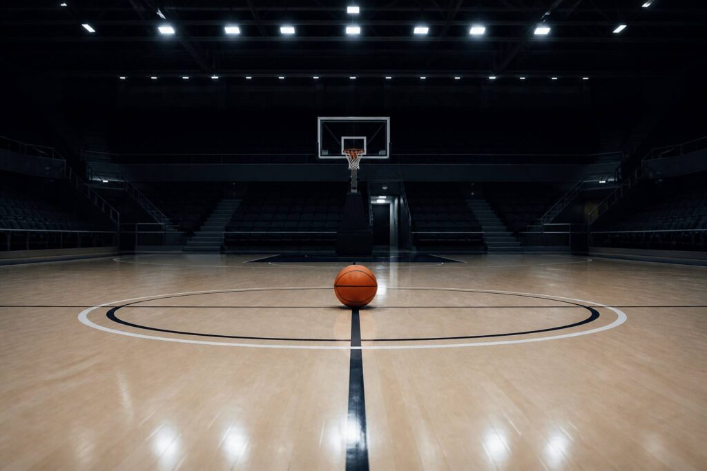 Ballon de basket orange posé au centre du parquet clair d'un gymnase vide sous les néons