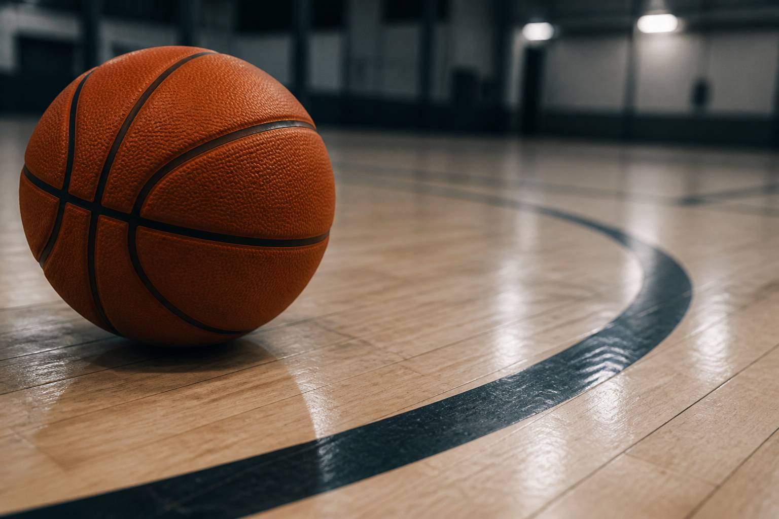 Ballon de basket orange posé sur le parquet près de la ligne à trois points