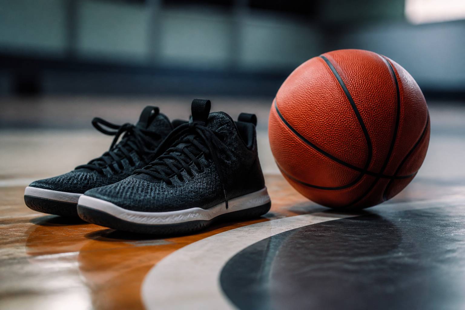 Baskets de basket et ballon orange posés sur le parquet d'un gymnase