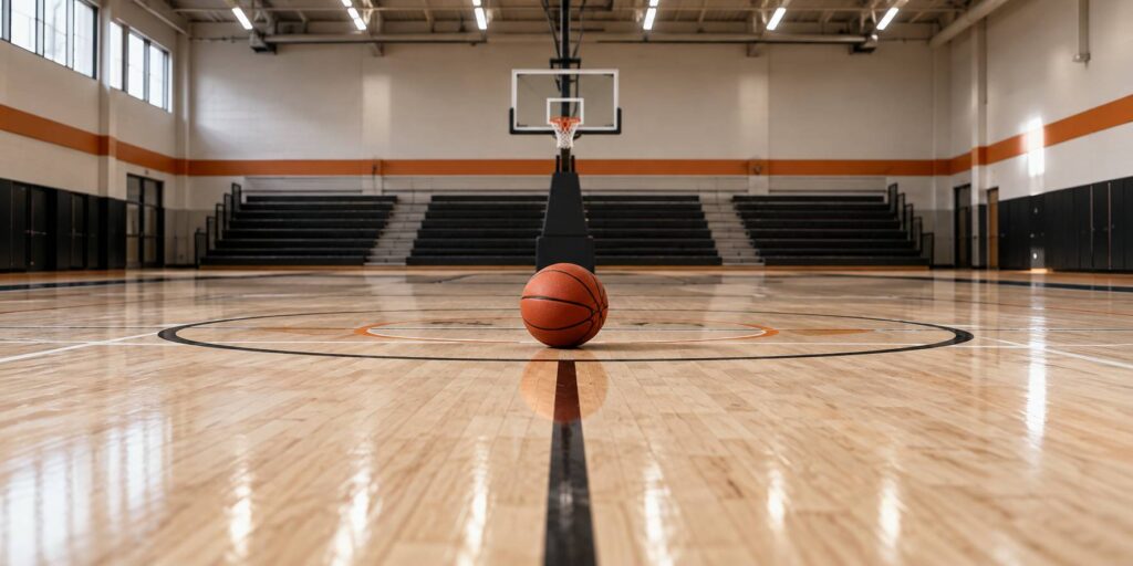 Ballon de basket posé sur le parquet d'un gymnase sous les néons