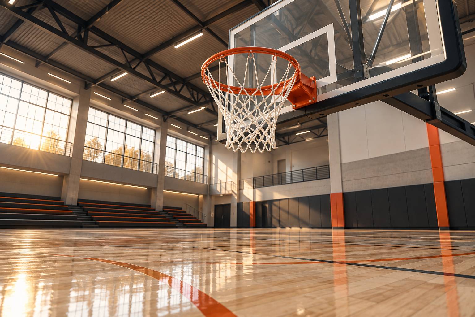 Panier de basket vu en contre-plongée avec filet tressé et panneau transparent