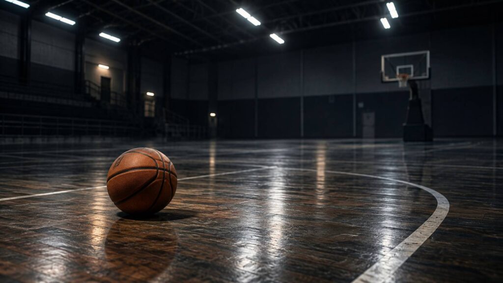 Ballon de basket orange sur le parquet d'un gymnase sous les néons