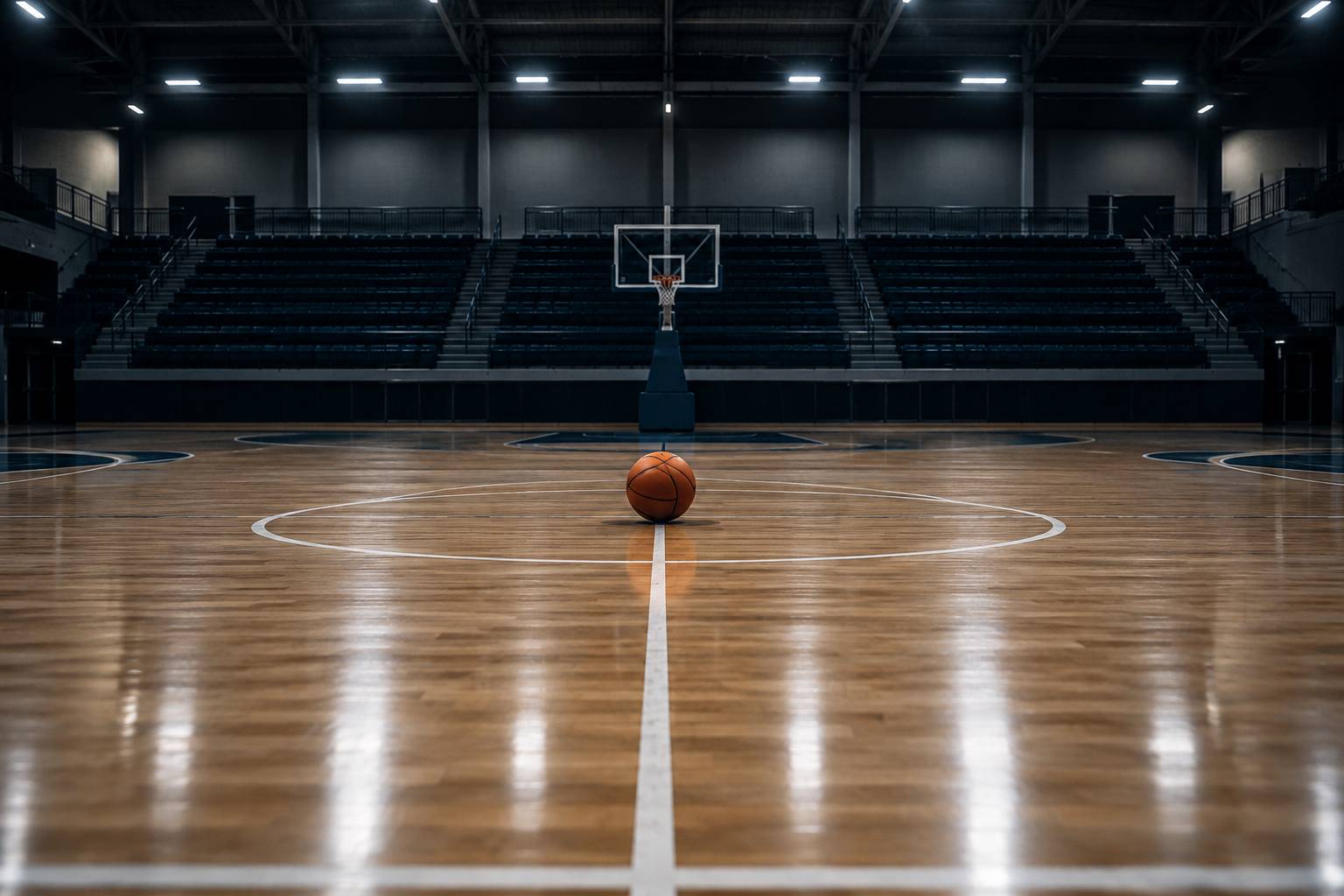 Ballon de basket orange sur le parquet d'un gymnase sous les néons