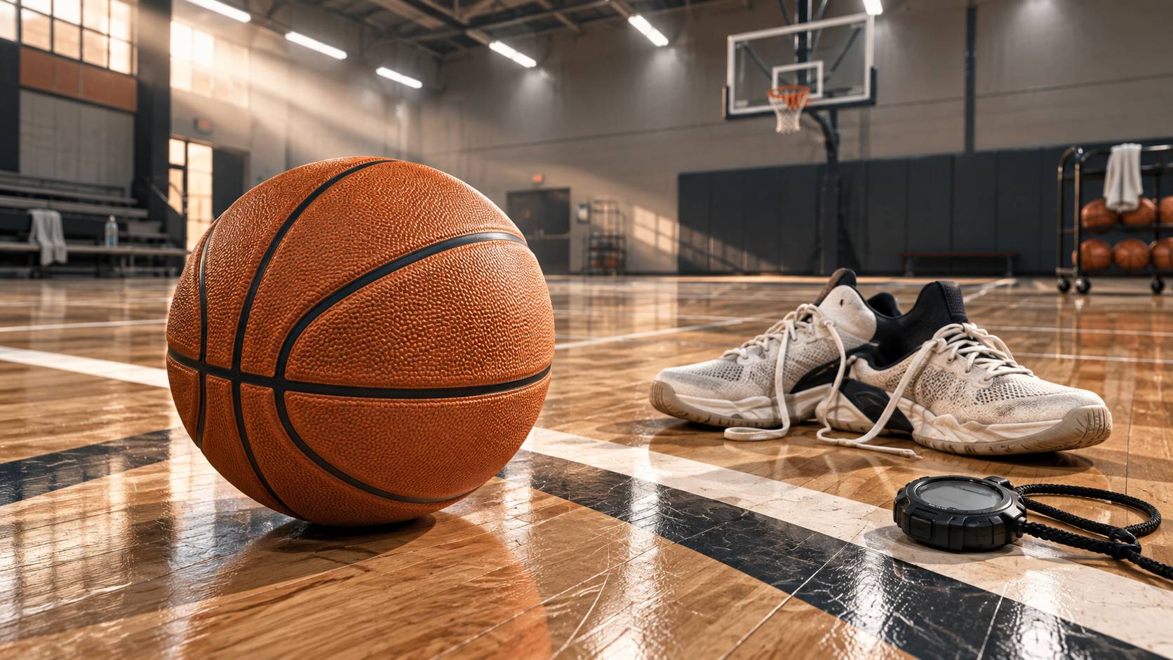 Gros plan d'un ballon de basket posé sur un parquet