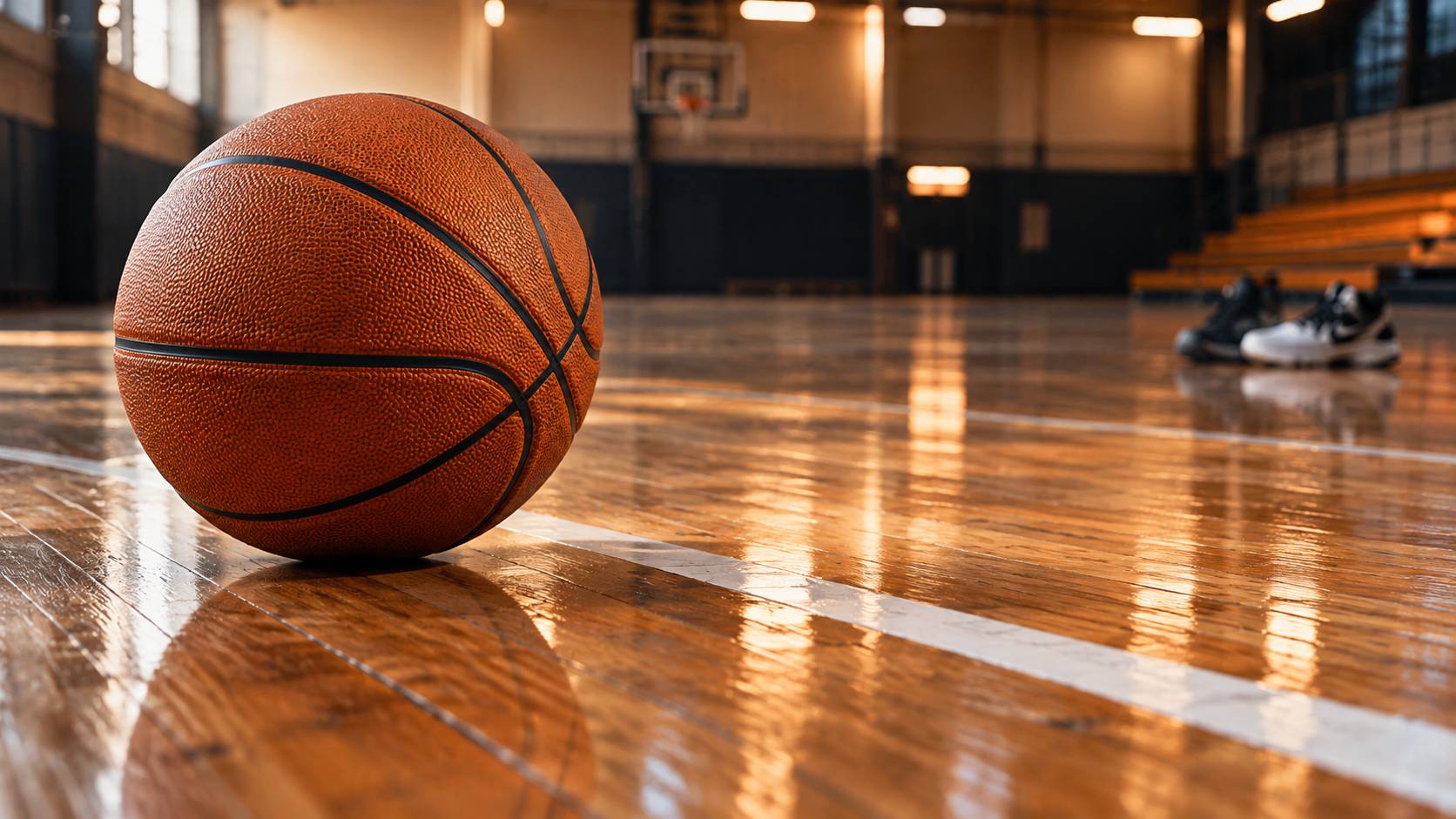 Ballon de basket orange sur un parquet de gymnase éclairé aux néons