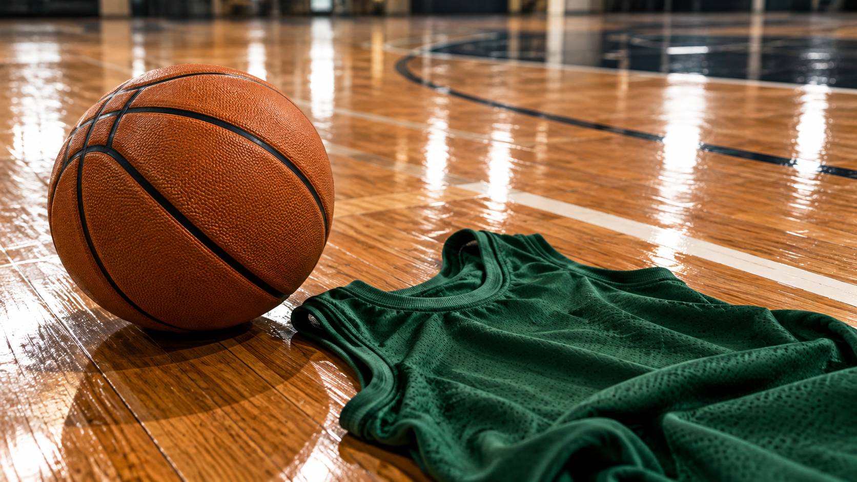 Maillot vert et ballon orange posés sur un parquet de basket