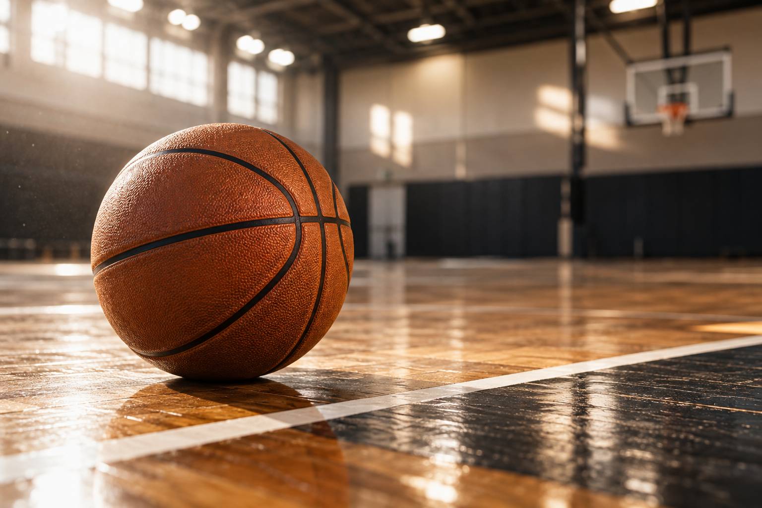 Gros plan sur un ballon de basket orange posé sur le parquet d'un gymnase
