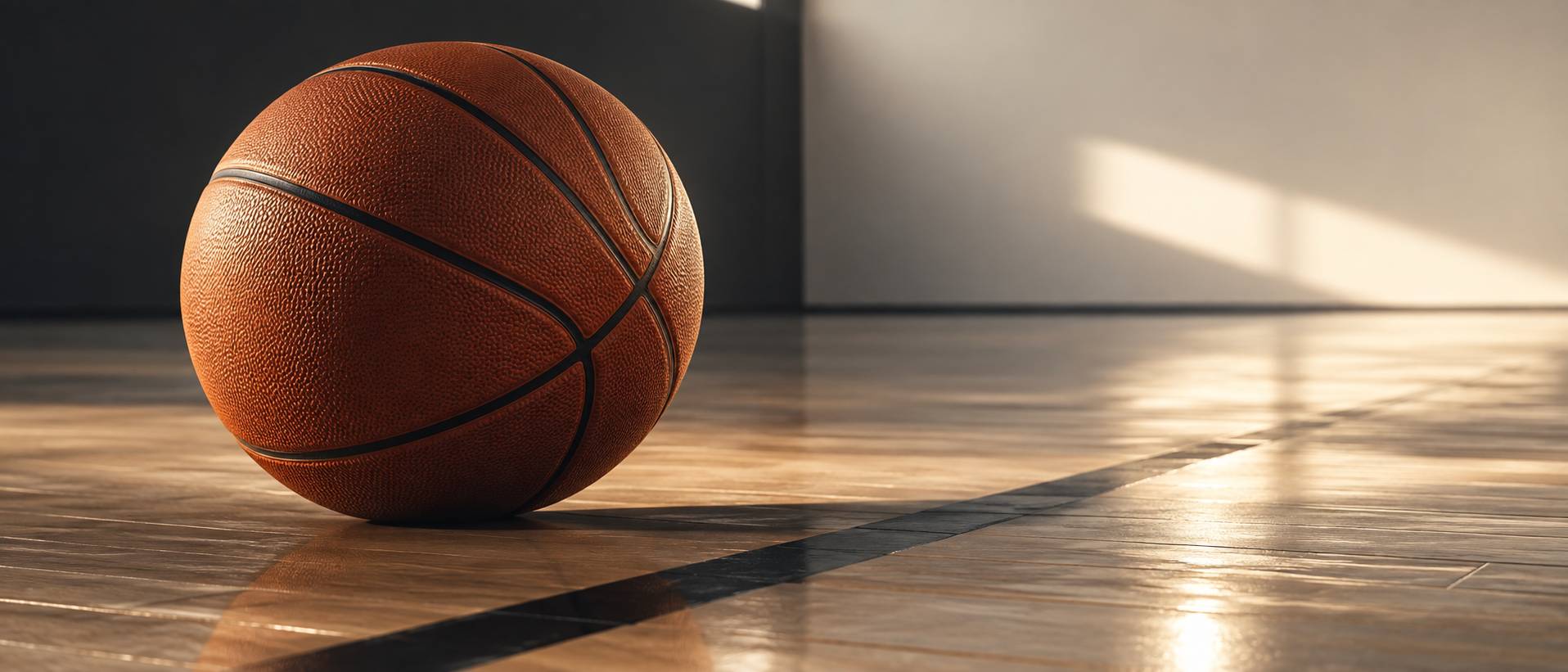 Gros plan sur la matière cuir d'un ballon de basket sur un parquet de gymnase