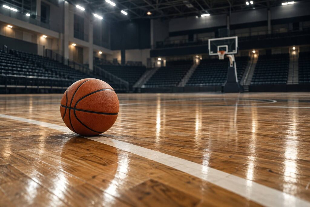 Parquet de gymnase avec ballon de basket posé sur les lignes