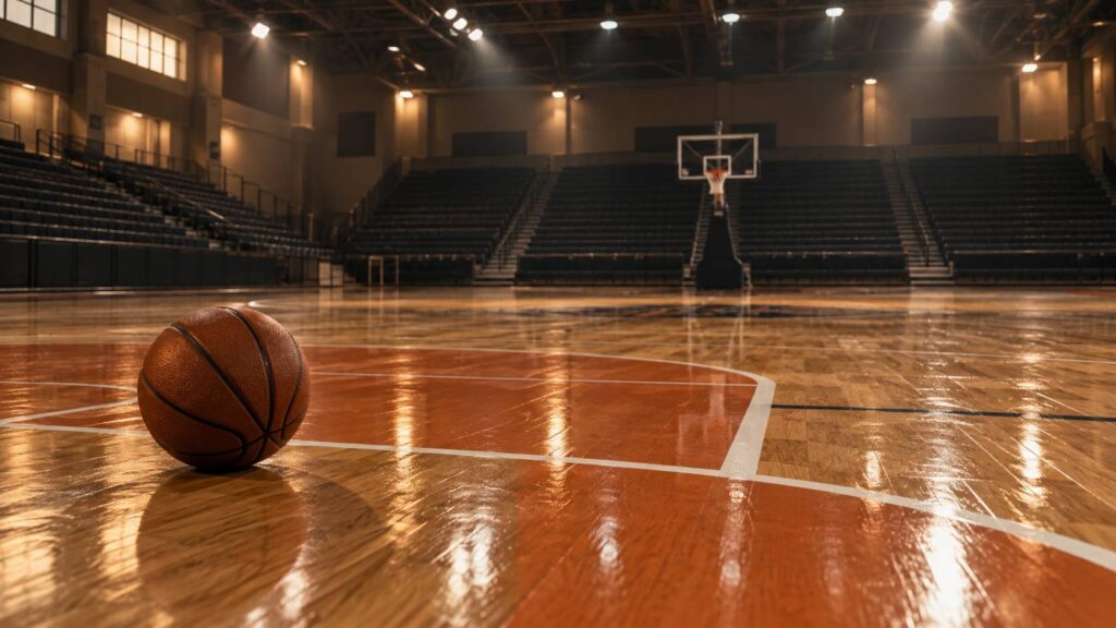 Panier et ballon orange sur un parquet de basket