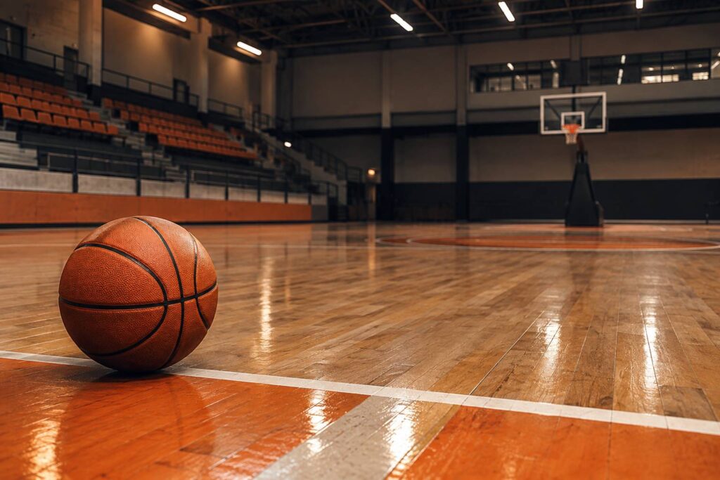 Parquet de gymnase avec ballon de basket orange posé près de la ligne