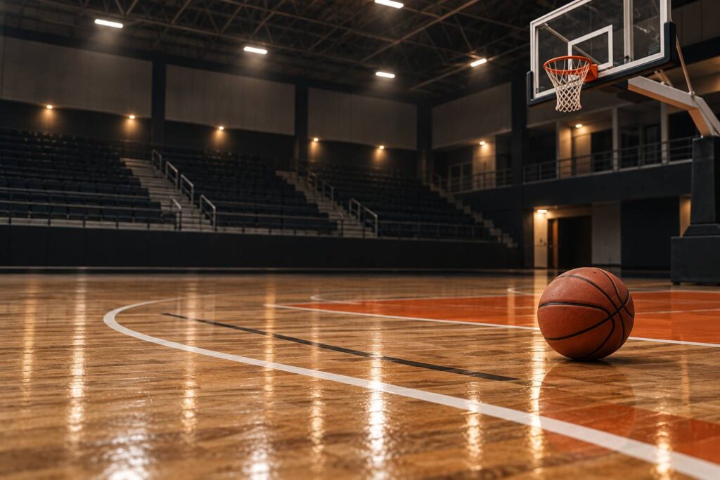 Ballon de basket et panier sur le parquet d'un gymnase