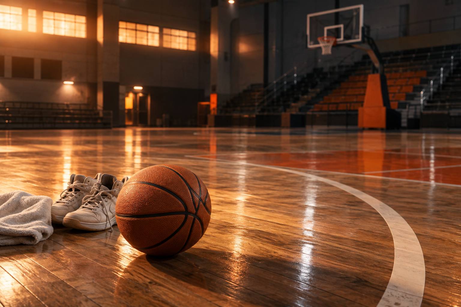 Salle de basketball générique avec ballon orange posé sur le parquet