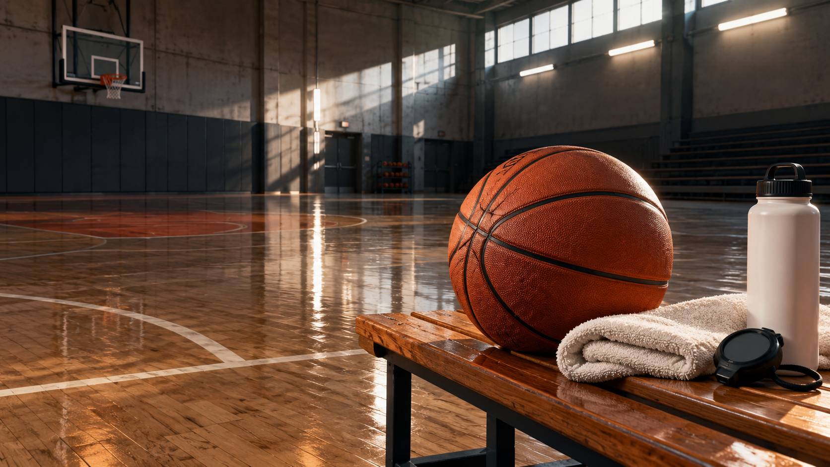Ballon de basket et serviette sur un banc de touche
