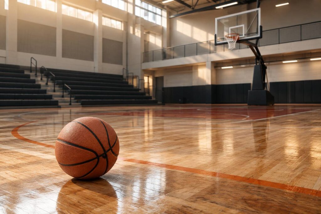 Gymnase clair avec panier, parquet et ballon de basketball au premier plan