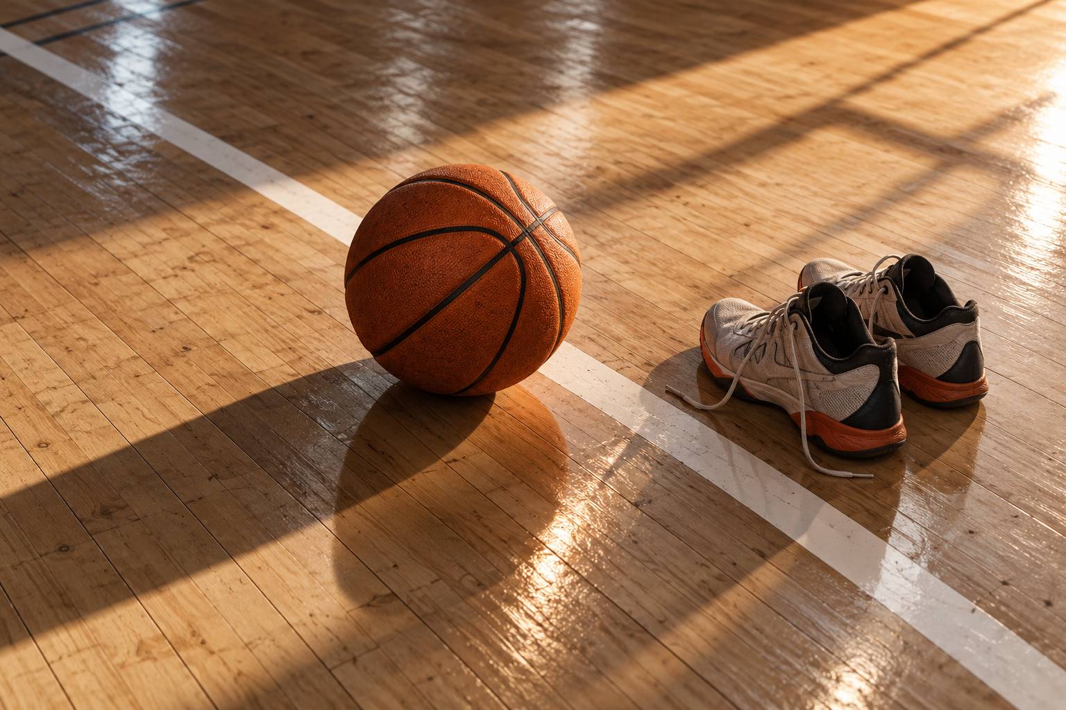 Ballon de basketball et chaussures de sport poses sur un parquet de gymnase