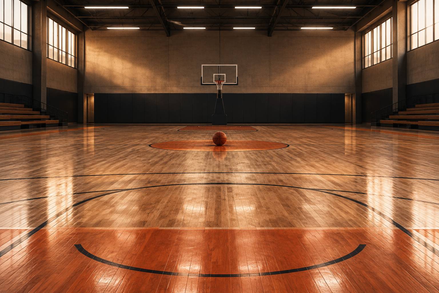 Terrain de basketball vide avec ballon pose sur le parquet